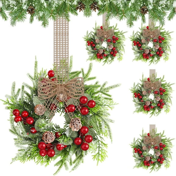 Dalrosia Mini Christmas Cabinet Wreaths Artificial Small Kitchen Wreath 9 Inch Mini Faux Garland with Burlap Ribbon for Vintage Farmhouse Rustic Retro Front Door Porch Indoor Outdoor Decor