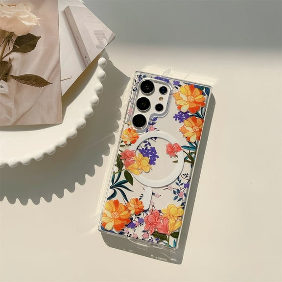 for Samsung Galaxy S25 Ultra Case Compatible with MagSafe, Clear Floral Case with Flower Branch Pattern for Girls Women Slim Fit Cute Hard Back Shockproof Phone Case for S25 Ultra, Orange Flower