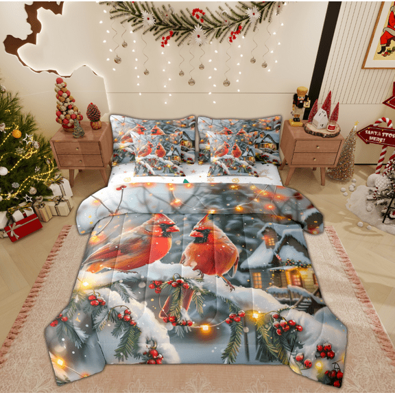 Manfei Christmas Bird Robin Twin Bedding Sets 7-Piece for Kid, Winter Flower Plant Bedding Comforter Set, Countryside Reversible Sheet Sets, Microfiber Bedroom Decor