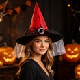 thumbnail image 7 of Halloween Adult Women Witch Hat, Pointed Hat Decorated with Spider Web Tulle and Rhinestone Ring, Costume Accessory Ideal for Halloween Party Outfits, Cosplay, 7 of 7