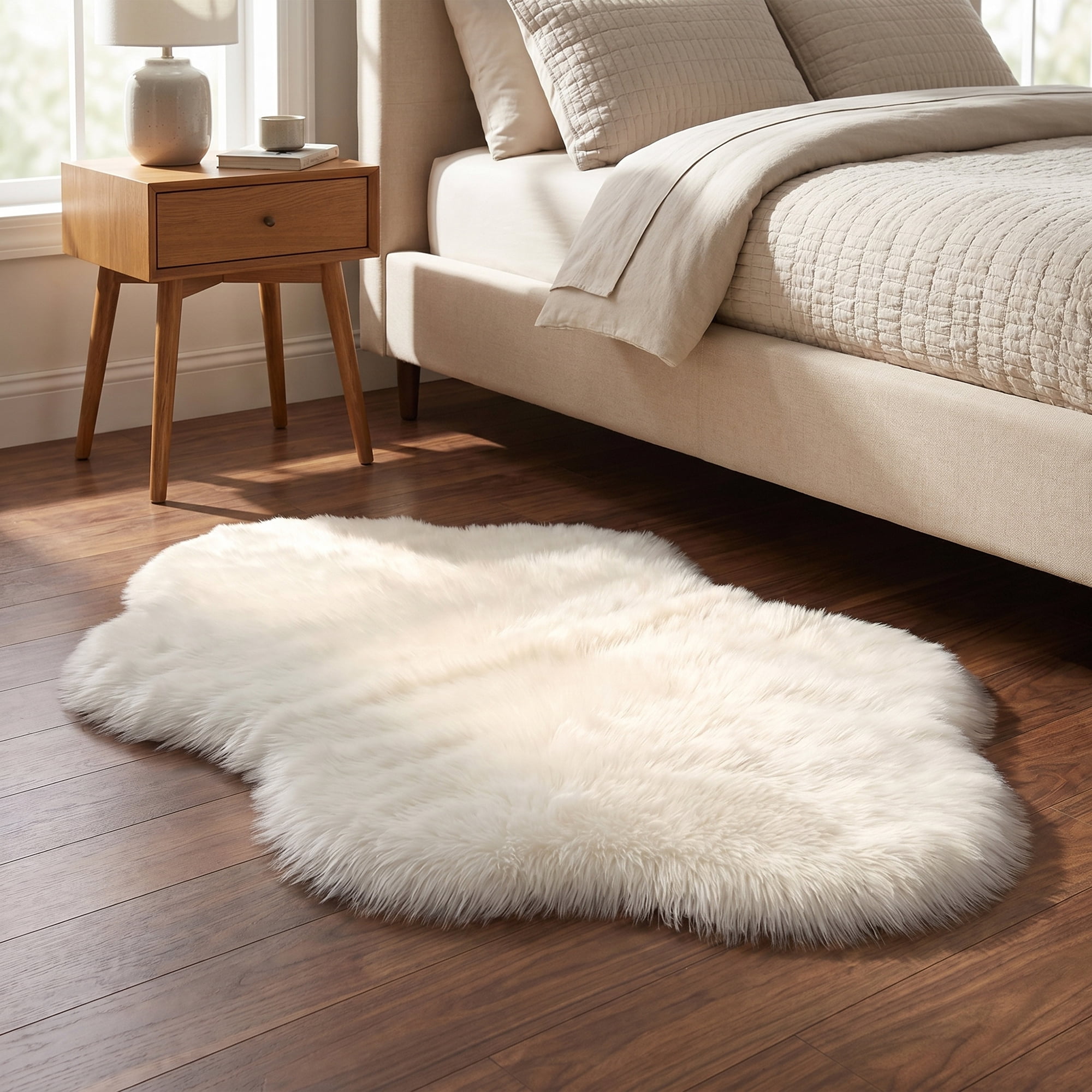 Unique Bargains Soft Shaggy Area Rug Washable Fluffy Bedroom Rug Non Slip 35" x 24" White