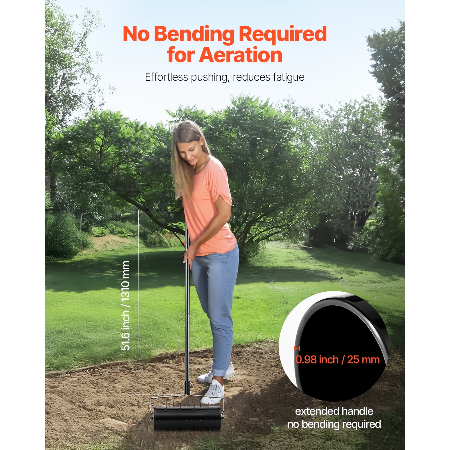 KFFKFF Lawn Aerator Roller, 18-inch Sturdy Manual Aerator for Lawns with Removable Handle and 27 Iron Spikes, Rolling Soil Aeration Device for Garden Patio Yard and Dense Turf, Black