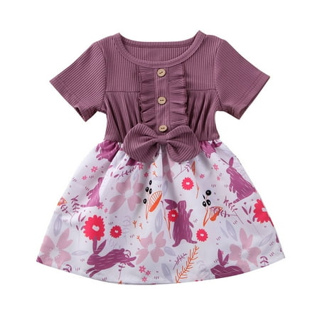

Kiapeise Toddler Girls Knitted Patchwork Dress Ruffle Short Sleeve Skirt