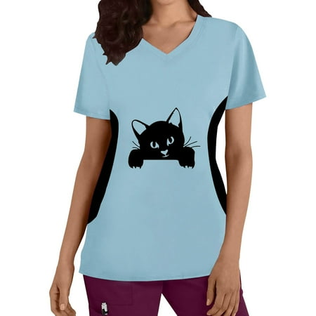 

Women Scrub Tops Plus Size Top V-Neck Short Sleeve Holiday Classic Working Uniform Nurses Clothing Cartoon Cats Printed T Shirt Blouse Ladies Streetwear
