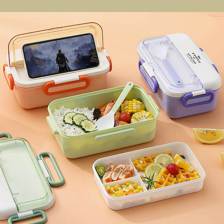 Hadanceo 1.1L Lunch Box Sealed Compartment Microwavable Food Storage with  Spoon Kids School Plastic Bento Container Office Worker