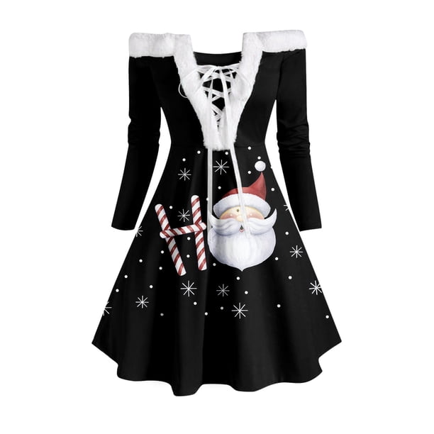Vestido de manga larga para mujer Vestido maxi de cintura alta con estampado de cuello en V Vestido casual Fridja nbo4077