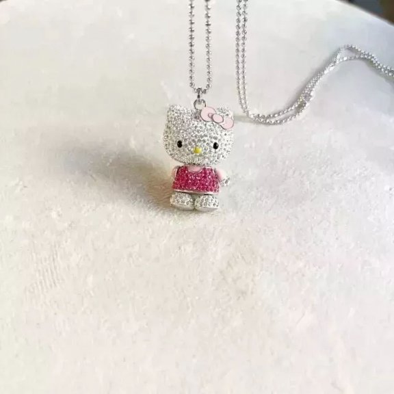 2Ct Round Cut Lab-Created Pink Sapphire Hello Kitty Pendant 14K White Gold Plated
