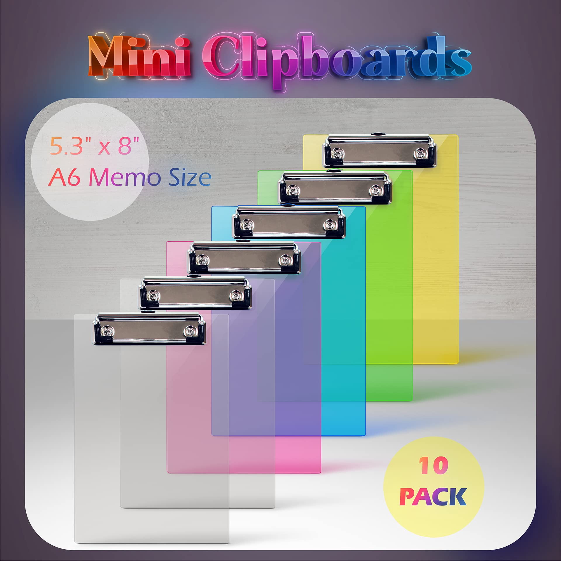 Mini Clipboards (10 Pack), Plastic, Low Profile Clips, Assorted Translucent Colors, Durable, A6 Memo Size, 5.3" x 8", by Better Office Products