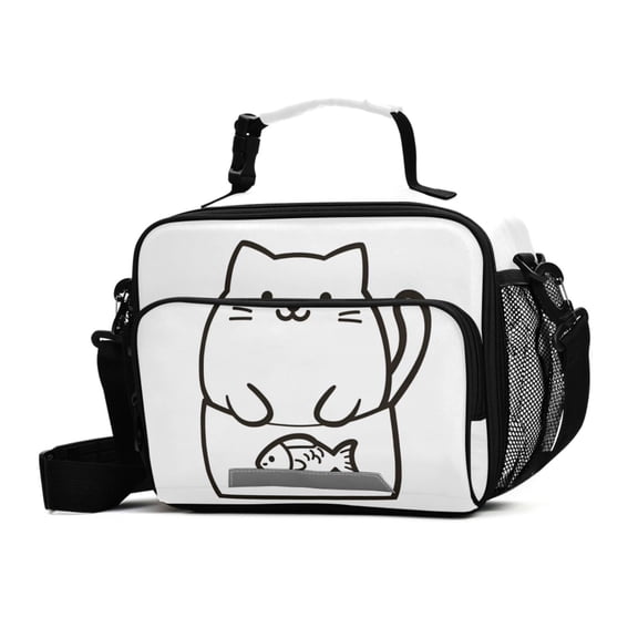 FORMRS Student Insulated Lunch Bag with Shoulder Strap Reusable Cooler Box for School, White Chubby Cat
