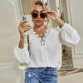 thumbnail image 3 of SWSMCLT Women's Puff Sleeve Blouse Deep V Neck Top Long Sleeve Soft Sexy Embroidered Casual Fall Blouse Shirt White Large, 3 of 4