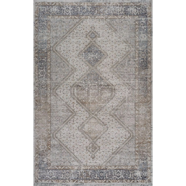 Distressed beige grey Persian-style indoor area rug featuring geometric diamond shapes and intricate floral motifs, suitable for living room, bedroom, dining room, or kitchen.