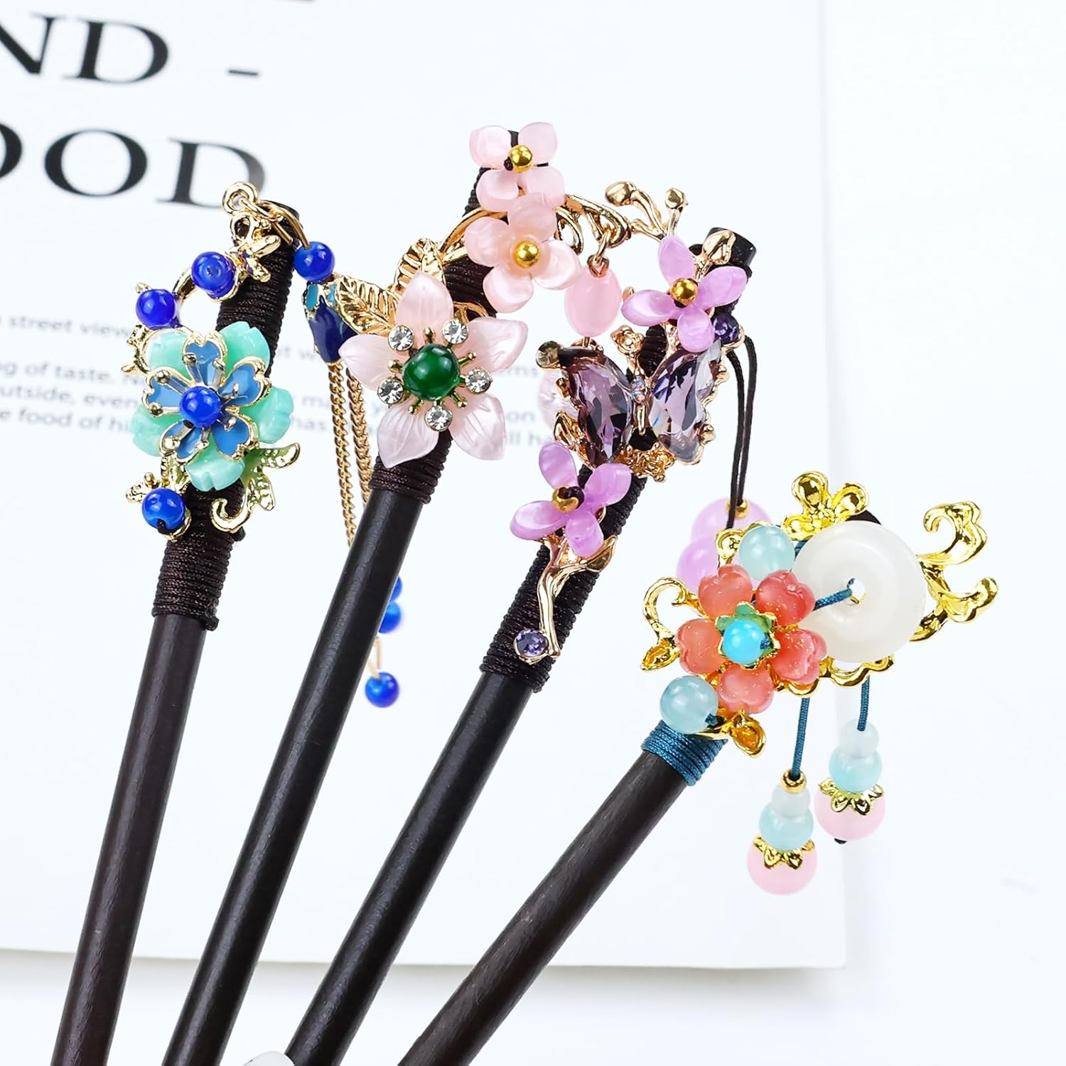 8pcs Wooden Hair Sticks, Chinese Wood Hair Pins with Tassel Pendants, Crystal Beads Flower Long Hair Chopstick Picks With Charm for Twist Bun Holder Fork Hair Slides Hair Accessories for Women