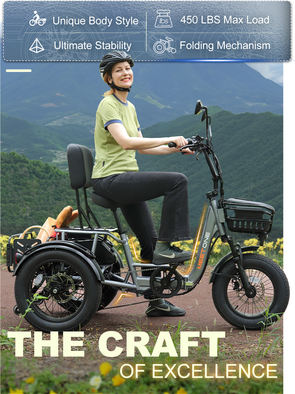 Breeze pro Folding Electric Tricycle for Adults, 1200W Electric Trike, 22MPH 100Miles 3 Wheel Electric Bike, Reverse Gear, Torque Sensor, 450lbs Load, F&R Baskets, 4'' Wide Fat Tire, UL Certified