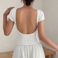 thumbnail image 5 of Women's U-Shaped Backless Short-Sleeve Tops Solid Color Boat Neck Base T-Shirt Bodycon Casual Tees Yoga Workout Tops White, 5 of 7