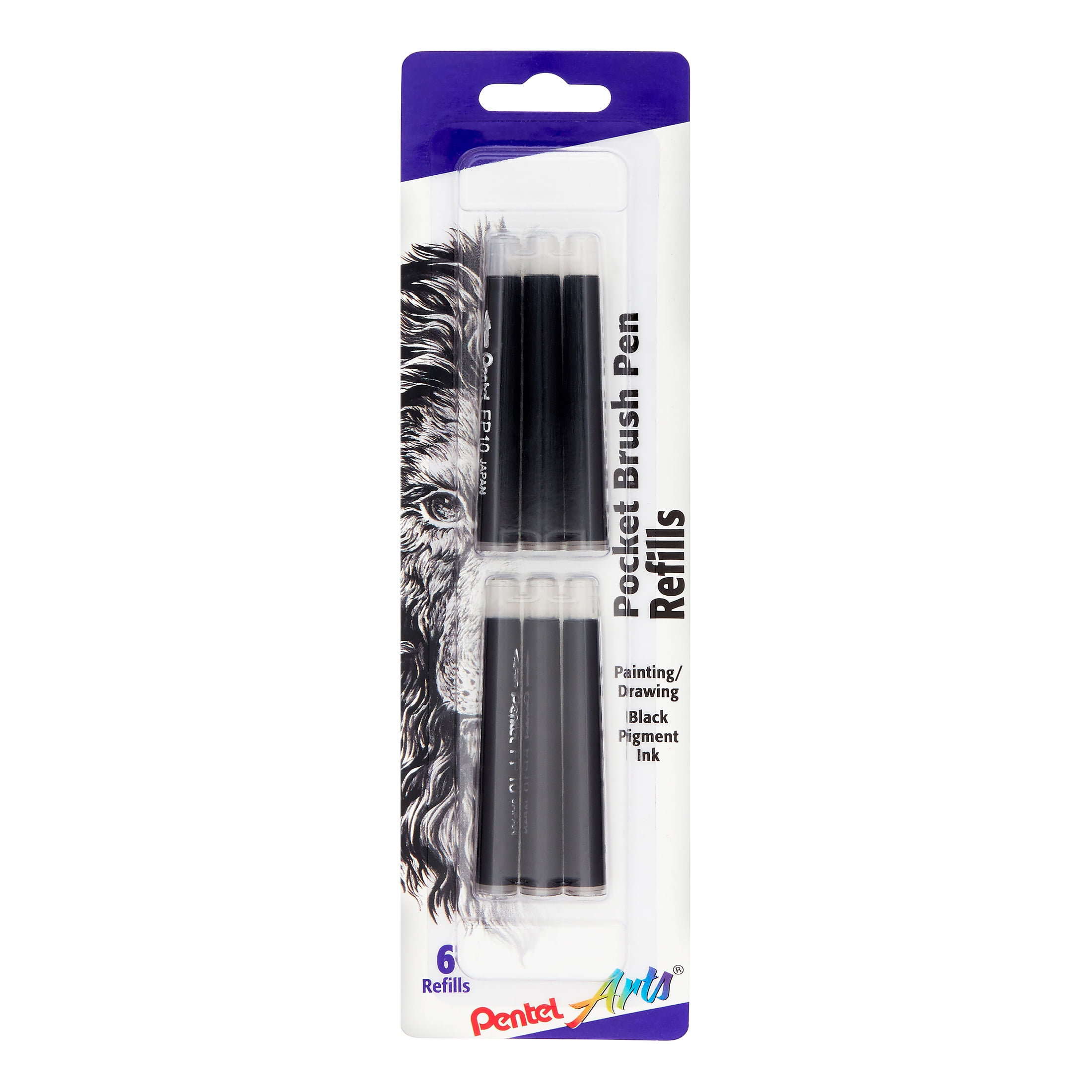 Pentel Arts Pocket Brush Pen Refills, Black, 6 Count