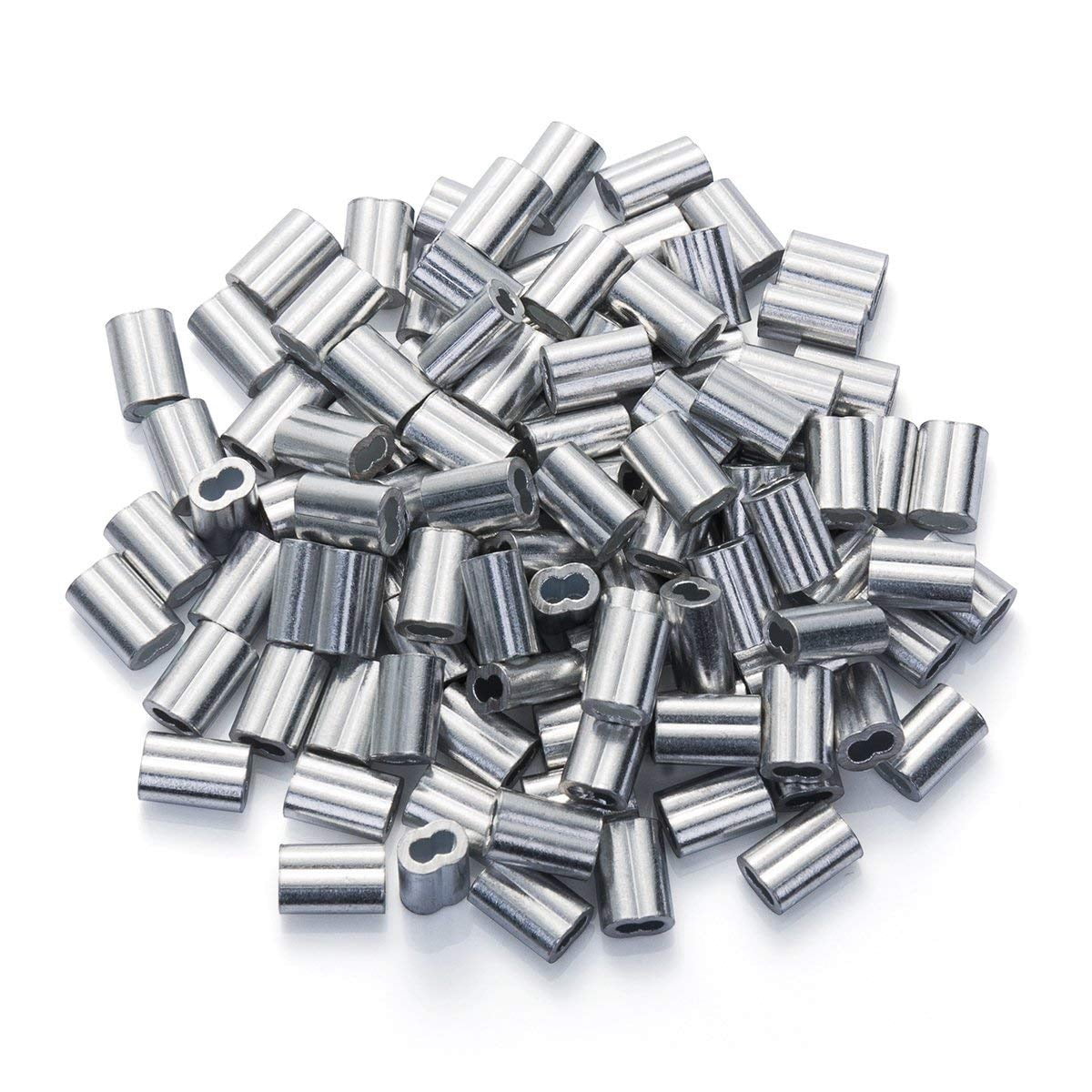 Silver 1.5mm Aluminum Sleeves Clip Fittings with Double Ferrules Aluminium Ferrules for Wire Rope 200 Pcs Aluminum Crimping Loop Sleeve Clips Cable Crimps 
