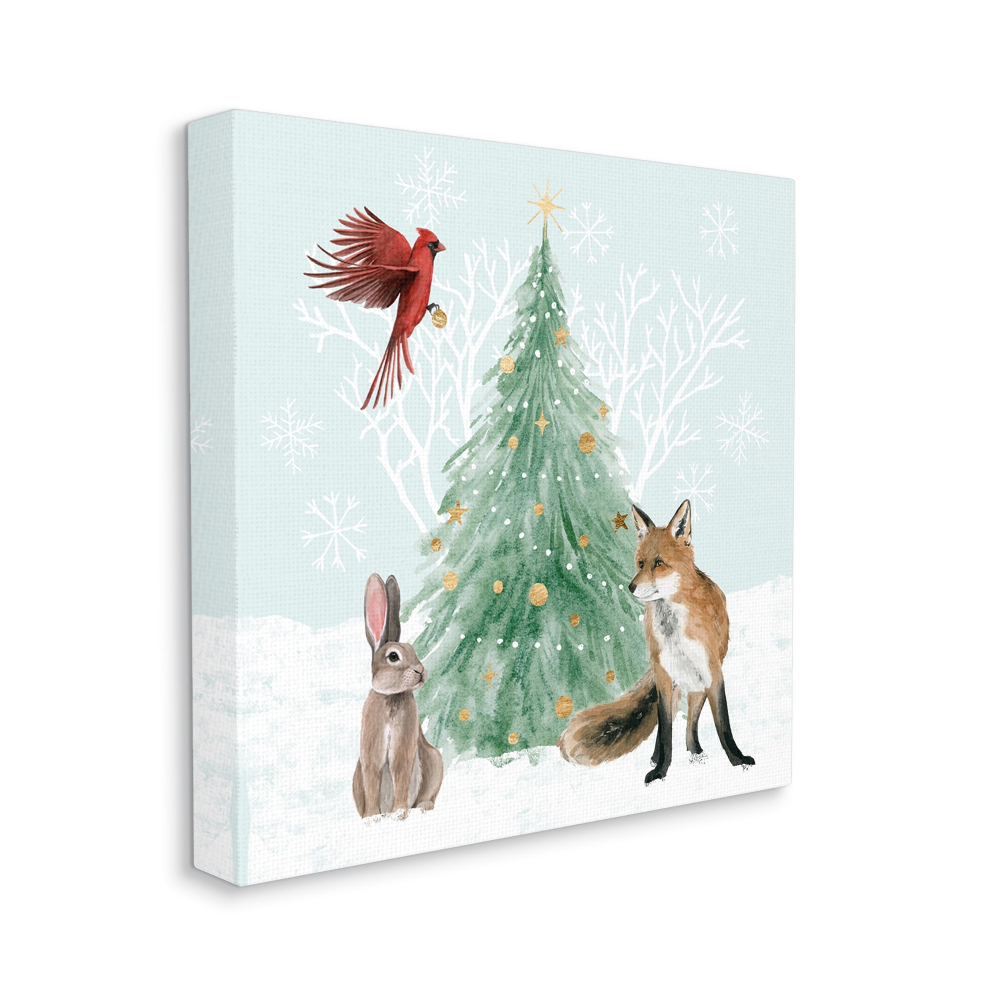 Wintery Wildlife Decorated Christmas Tree Snowflakes Animals & Insects Painting Gallery-Wrapped Canvas Print Wall Art