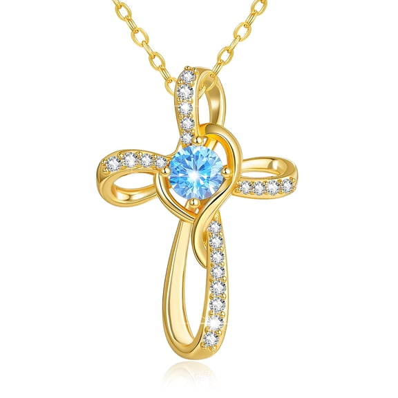 14K Yellow Gold Plated Birthstone Cross Necklace for Women