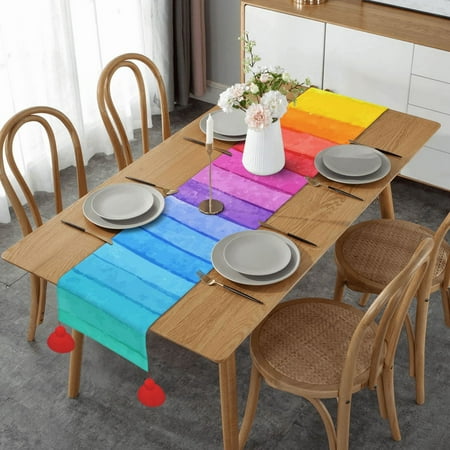 

Colorful Rainbow Wood Table Runner Imitation Linen Table Runner With Red Tassels For Party And Dining Room 14 x 60