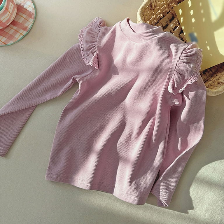 Girls Solid Long Sleeve Top Lightweight Crew Neck Tees Elegant Lace ...