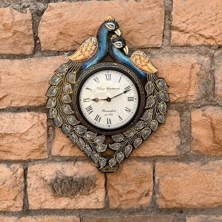 Wooden Handicraft Painted Beautiful Gift Peacock Wall Clock