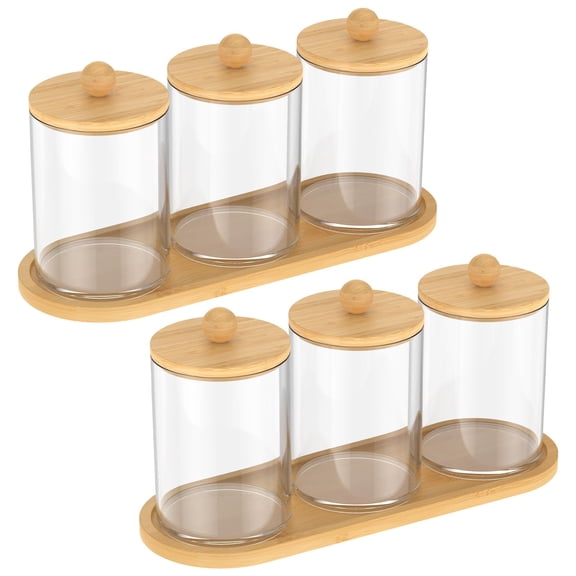6Pack Qtip Holder Dispenser with Bamboo Lids, Cotton Round Holder with Tray for Cotton Swab, Ball, Pads and Floss,Clear Plastic Jar Containers for Vanity Makeup Organizer Storage