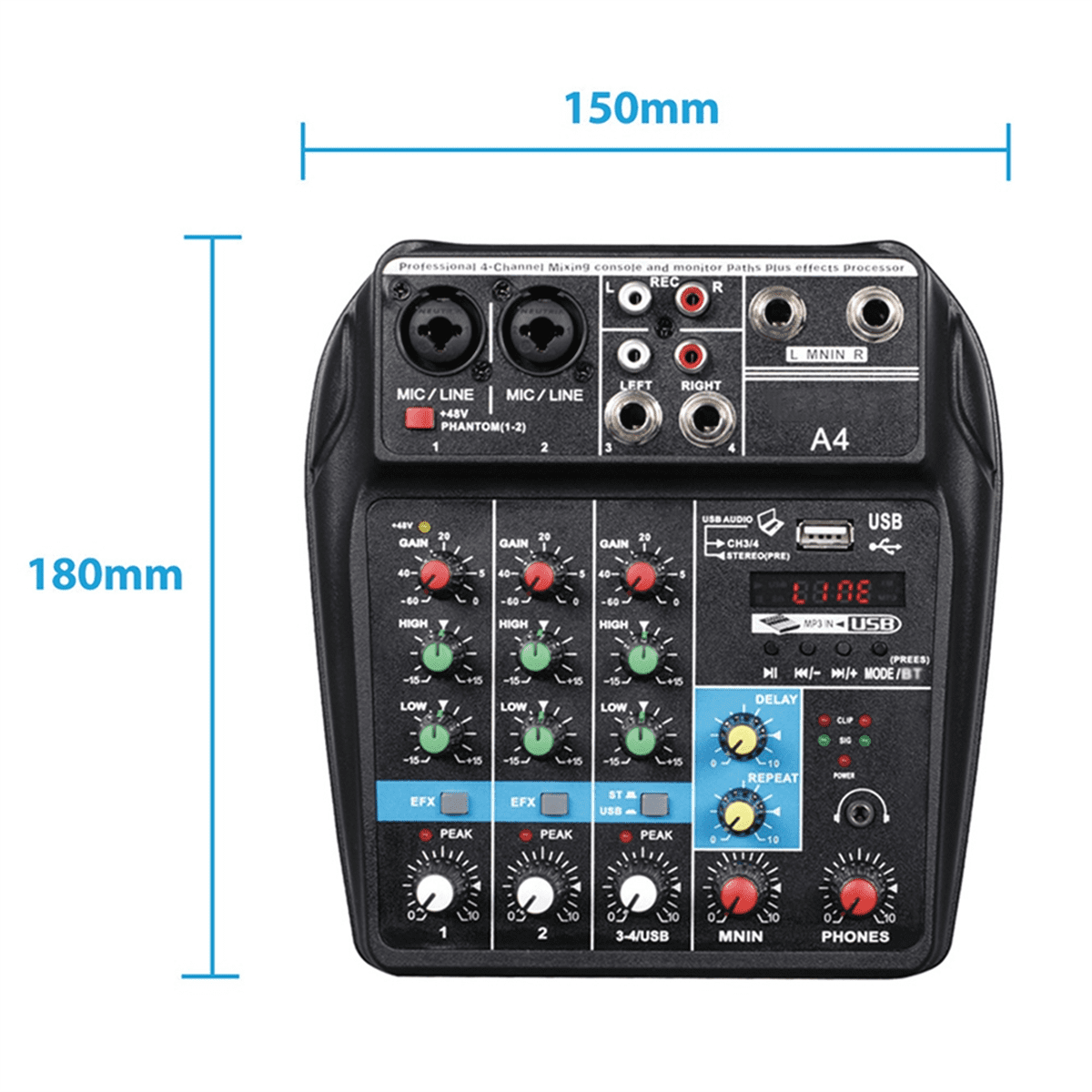 Professional 4 Channel Digital Mixer Sound Card Microphone Mobile Phone Live Broadcast Recording DJ Audio Equipment(US),1 * 4-channel mixer USB sound card with reverb,Black