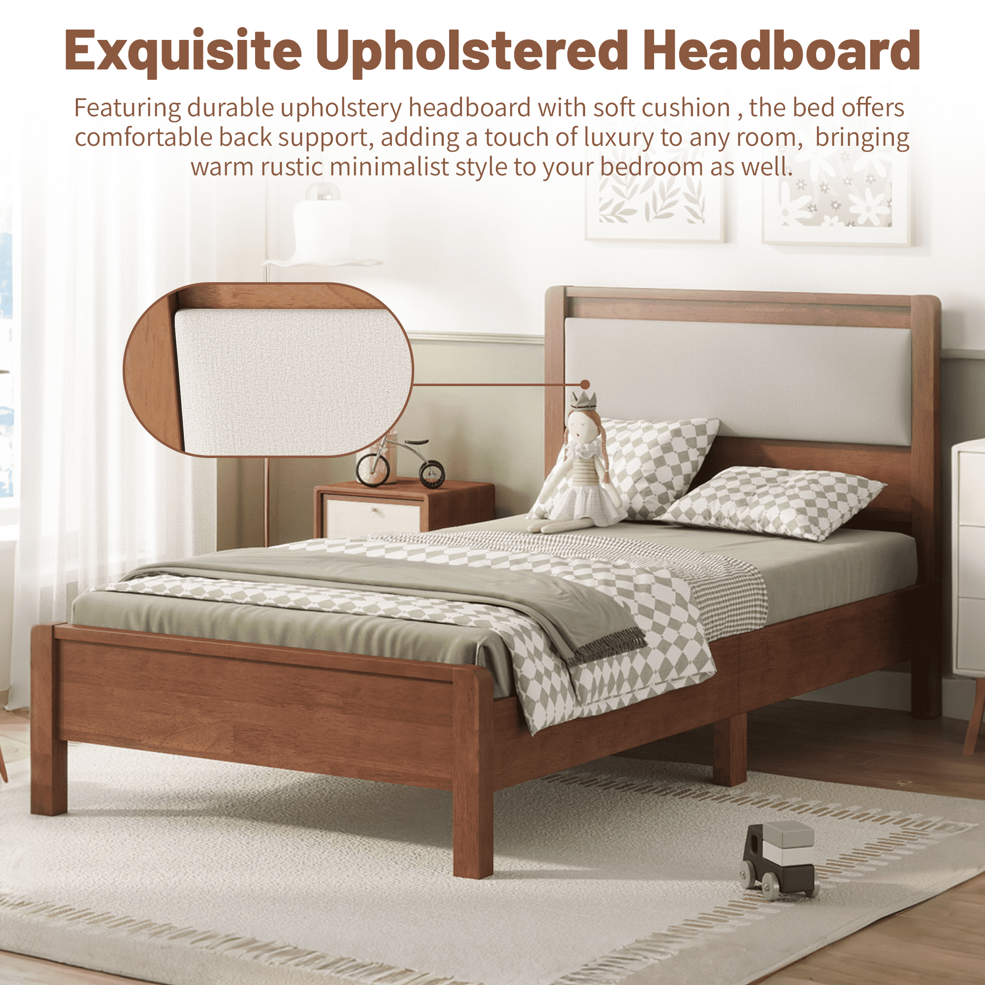 HOQBN Twin XL Solid Rubberwood Bed Frame with Upholstered Headboard, Reinforced Central Support Legs for Bedroom Brown
