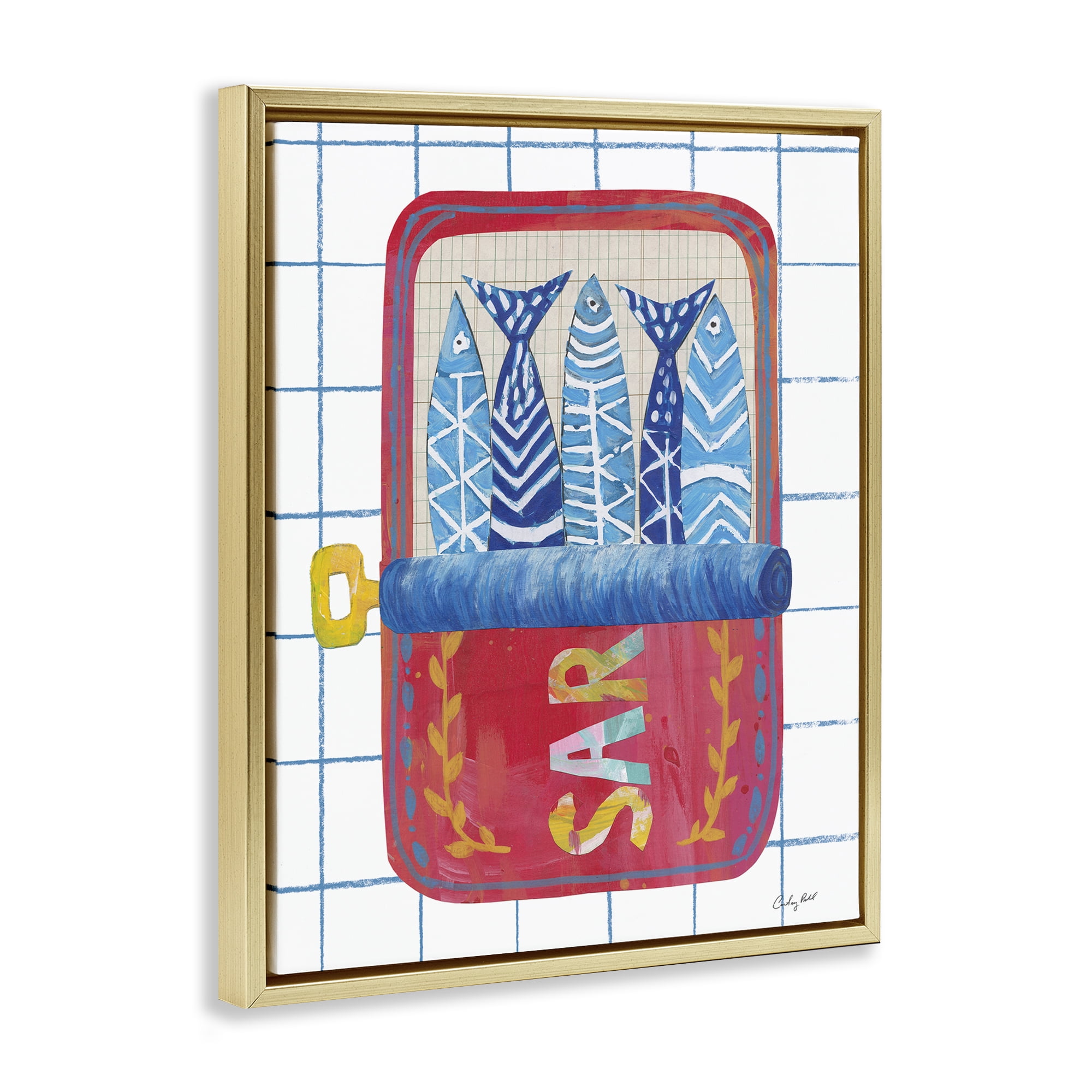 Stupell Industries Silly Sardines Red Tin Gold Framed Floater Canvas Wall Art, design by Courtney Prahl