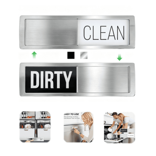 Dishwasher Magnet Clean Dirty Sign, Grade 304 Stainless Steel, Non-Scratch/Easy to Read & Slide/Strong Clean Dirty Magnet for Dishwasher, Extra Adhesive Tapes Included A10