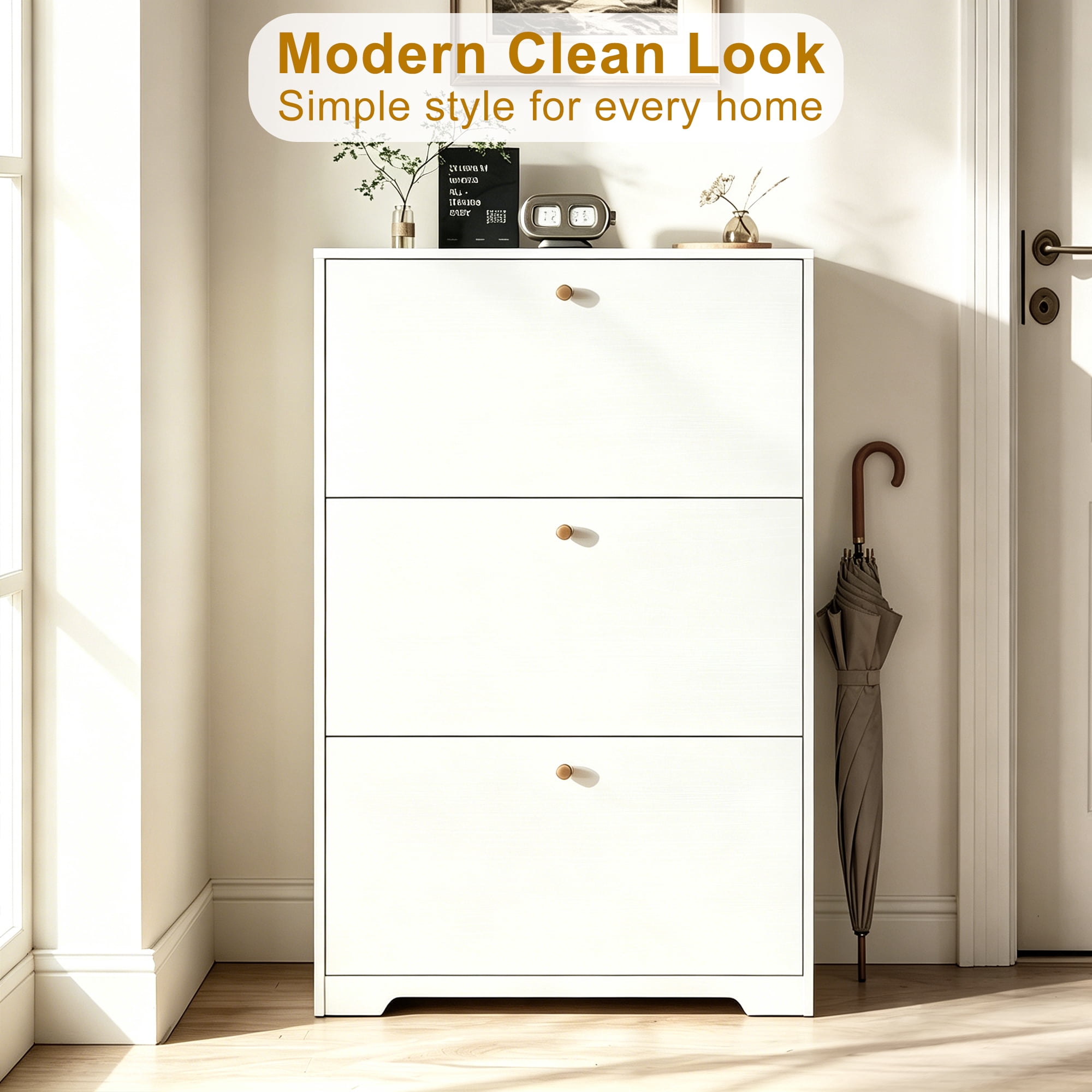 Skyhill Shoe Cabinet with 3 Flip Drawers,Modern Shoe Organizer for Entryway,White