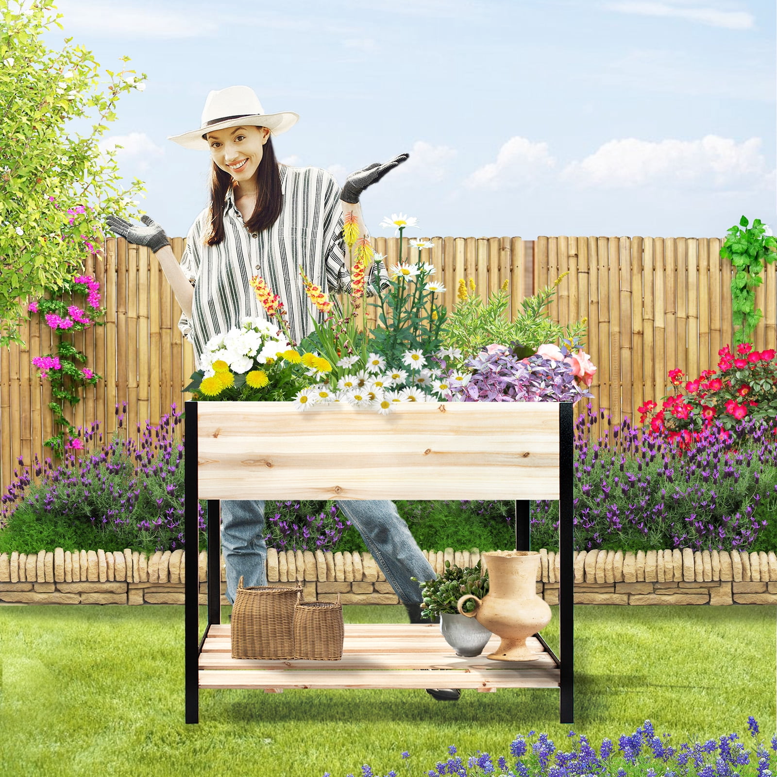 Raised Garden Bed with Legs Metal & Wood Elevated Planter Box Outdoor 4 Legs, 36(L) x18(W) x30(H) Inch