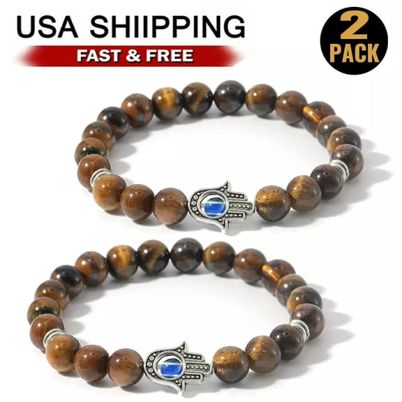 EOEMY 2Pcs Tiger Eye Reiki Hamsa Hand Fatima Evil Eye Energ Yoga Lucky Bracelets Gift