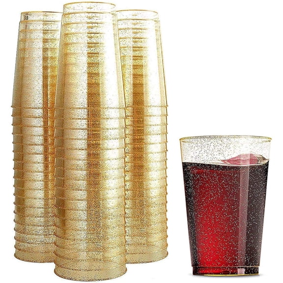 ZCXP 100 Pack 12 Oz Gold Glitter Clear Plastic Cups, BPA-Free Disposable Cups for Wedding Party