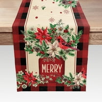 Red and Black Buffalo Plaid Cardinal Floral Christmas Table Runner, Seasonal Winter Holiday Kitchen Dining Table Decoration for Indoor Outdoor Home Party Decor 13 x 72 Inches