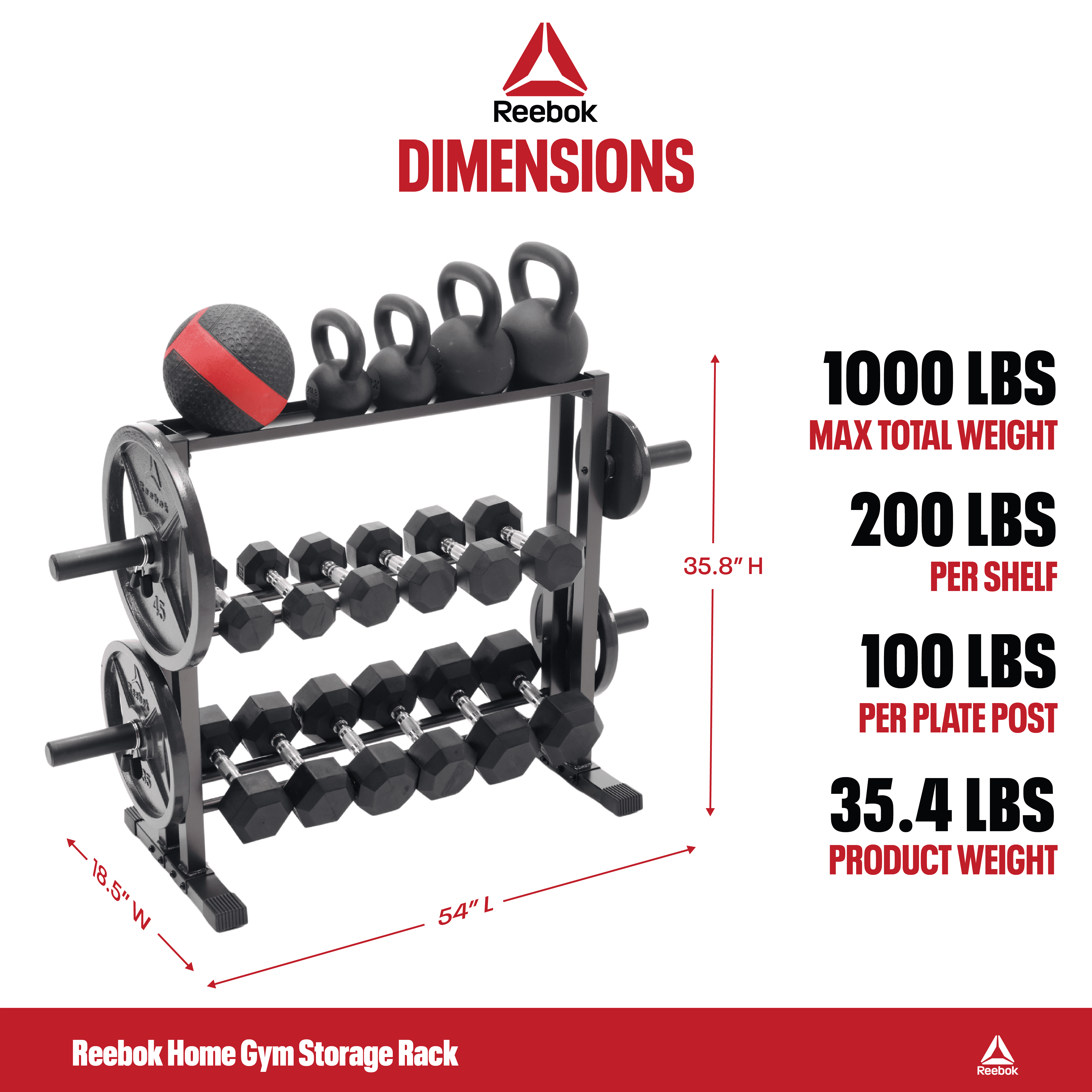 Reebok 3-Tier Storage Rack – 1,000 lb Capacity Steel Organizer for Dumbbells & Olympic Plates