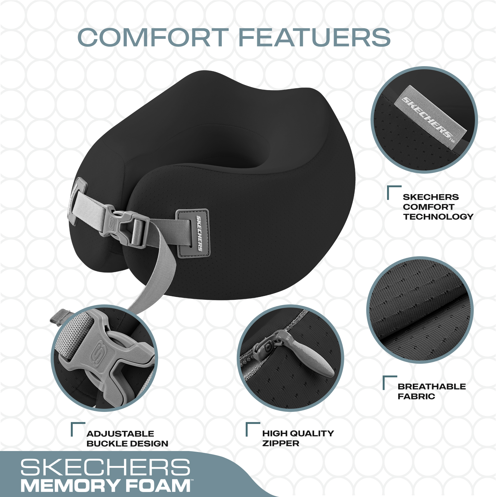 Skechers Memory Foam Car U-Shaped Neck Pillow,Ergonomic Support,Breathable Mesh,Removable Cover,for Car,Office,and Travel Black