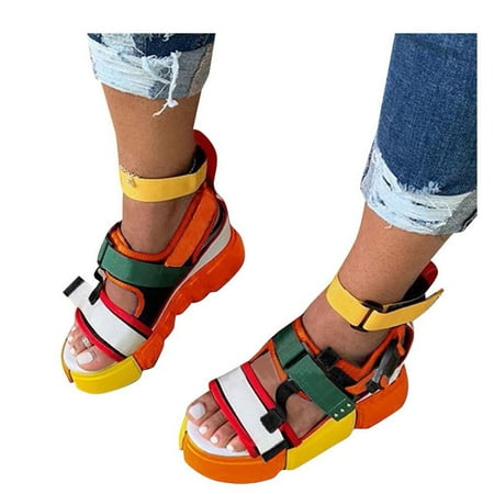 

XIAOFFENN Womens Open Toe Platform Casual Shoes Wedge Colorblock Ankel Strap Sandals