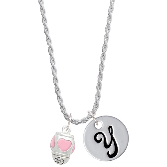 Delight Jewelry Silvertone Pink Heart Spinner Silvertone Script Initial Disc - Y - Charm Necklace, 20"+3"