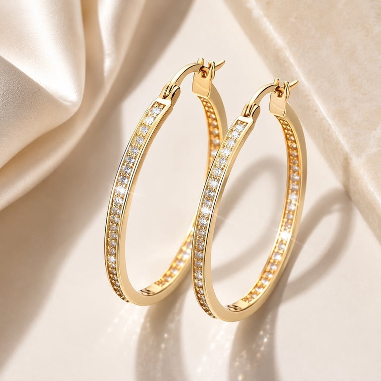 Amy & Annette 14K Gold In-and-Out Hoop Earrings with Simulated Diamonds photo 2