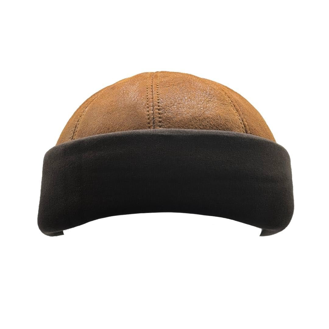 Handmade  Sheepskin Leather Knit Beanie Cuff Round Bucket Winter Ski Docker Hat