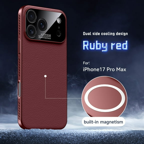 for iPhone 17 Pro Max Magnetic Case Heat Dissipation Hard Bumper Slim Anti-Scratch Protective Phone Cover Luxury PU Leather Support Wireless Charging for iPhone 17 Pro Max, Winered