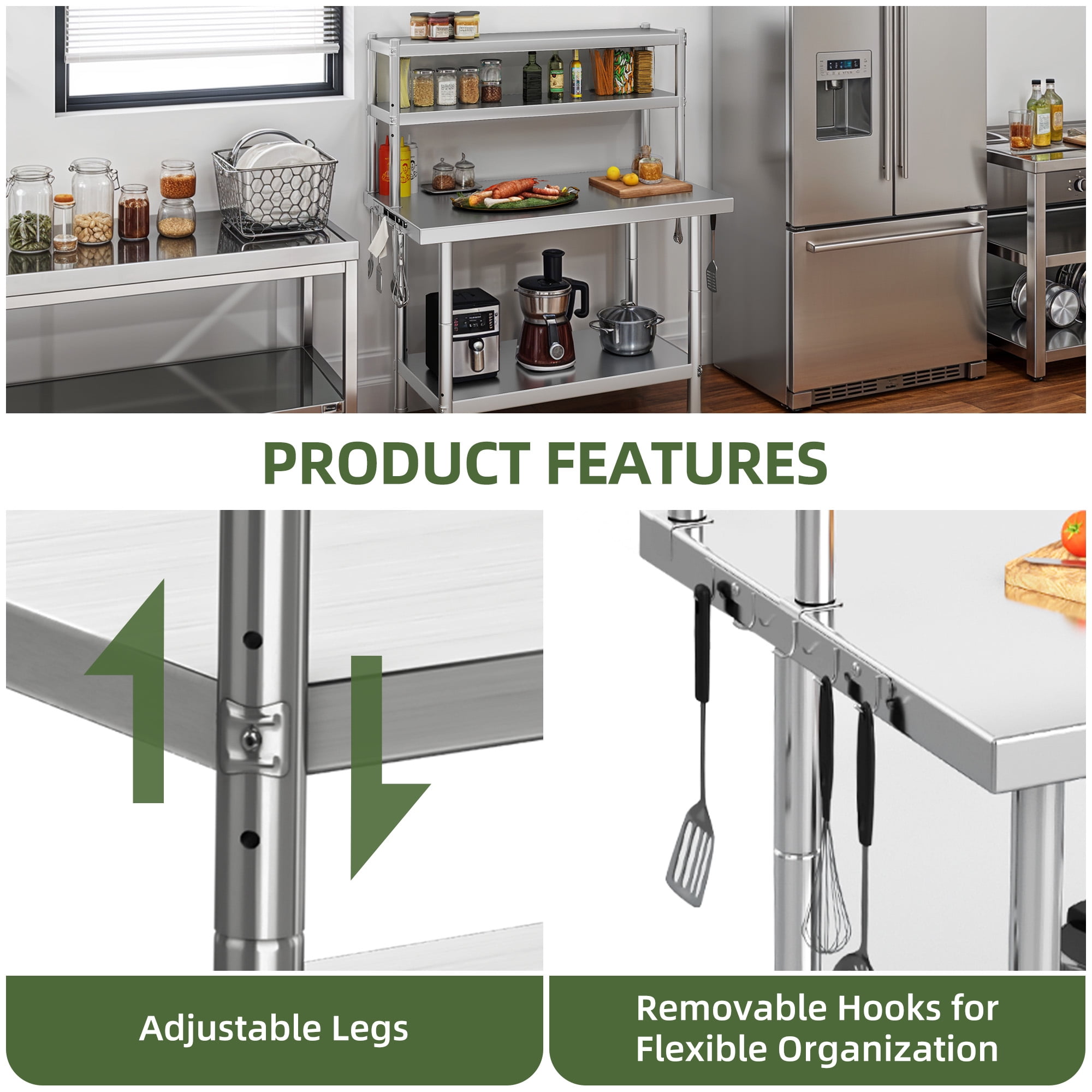 Uforic 42" x 24" Stainless Steel Prep Table with Adjustable Overshelf, Hooks, Heavy-Duty Metal Workbench for Commercial Kitchen Storage Shelves and Restaurants