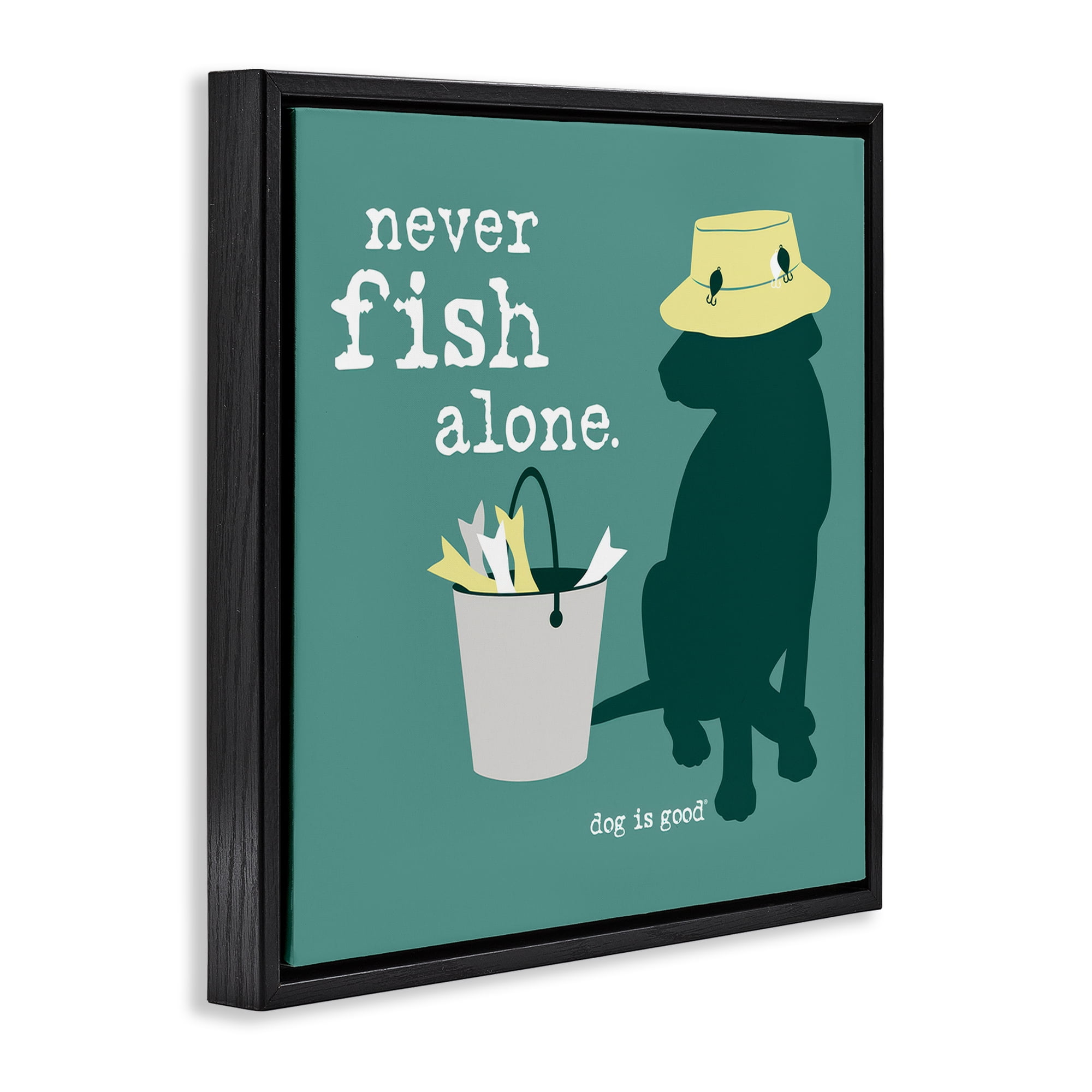 Stupell Industries Never Fish Alone Dog Animals Painting Black Floater Framed Canvas Art Print Wall Art, 18 x 18