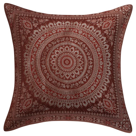 Stylo Culture Indian Brocade Decorative Throw Pillow Sham Cover Coffee Brown 16 x 16 Traditional Jacquard Weave Gold Sofa Cushion Cover 40x40 cm Polydupion Silk Mandala Square Pillow Case | 1 Pc