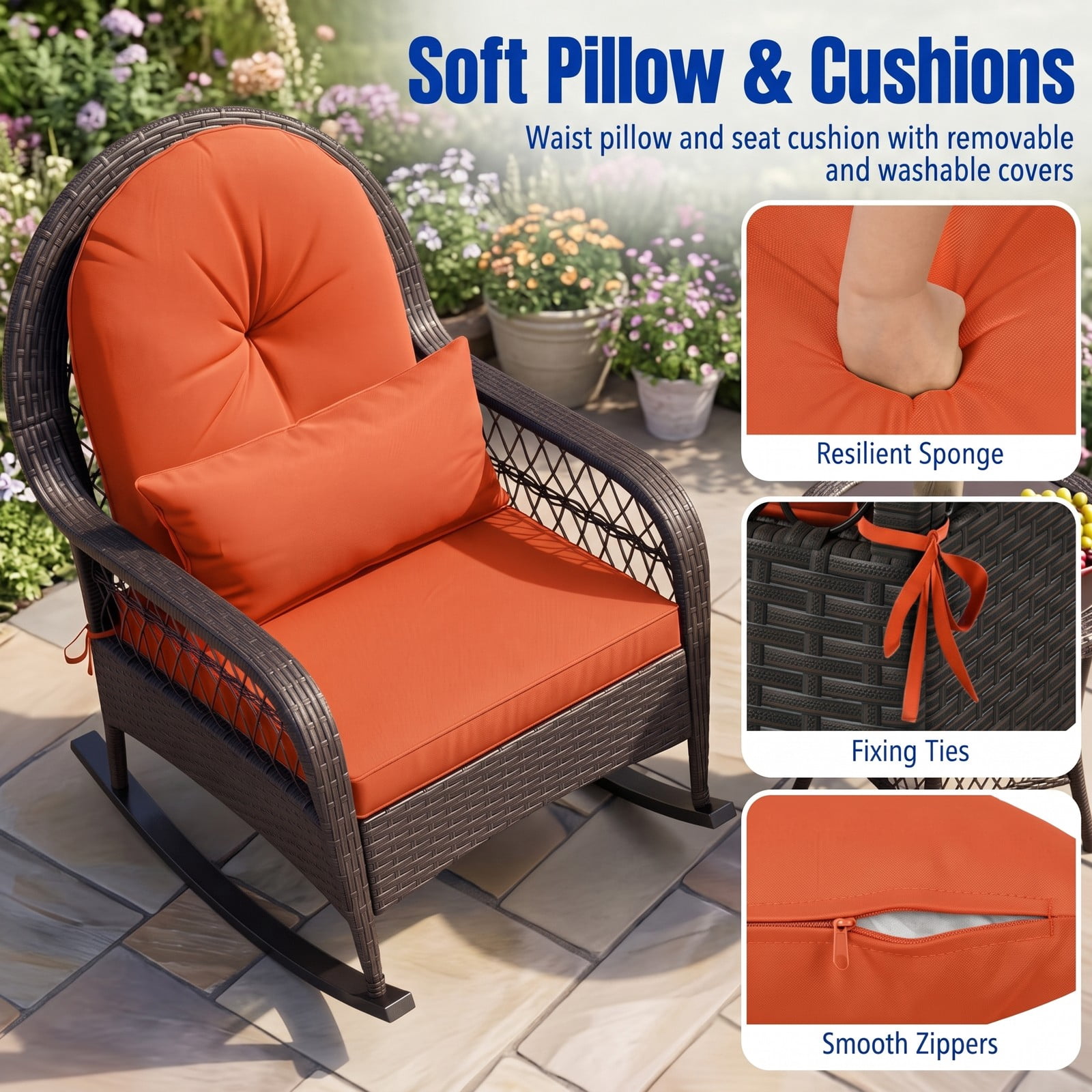 Furnibear Patio Rattan Rocking Chair with Soft Seat, Back Cushions and Waist Pillow for Front Porch, Backyard and Poolside, Red