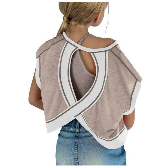 ZACPNCV Girls Open Back Workout Tops Cotton Loose Fit Athletic Crop Tee Short Sleeve Gym Running Yoga Shirt Coffee 4-5 Years