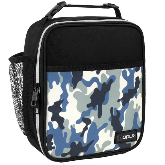OPUX Insulated Lunch Bag for Kids Boys Girls, Small Compact Lunch Box with Wide Opening & Mesh Pockets, Reusable Lunch Pail for School, Work, Adults, Men, Women, Camo Blue