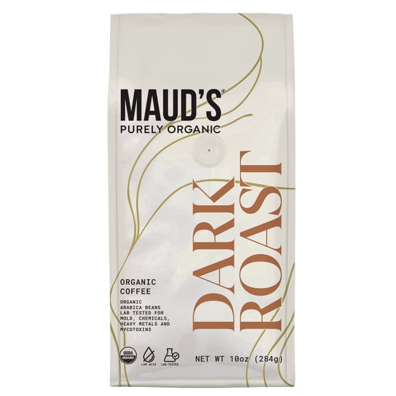 Maud's Purely Organic Low Acid Dark Roast Ground Coffee - 10oz | Lab tested for Mold, Mycotoxins, Heavy Metals & Pesticides
