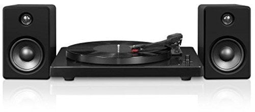 victrola modern matte black turntable with bluetooth speakers